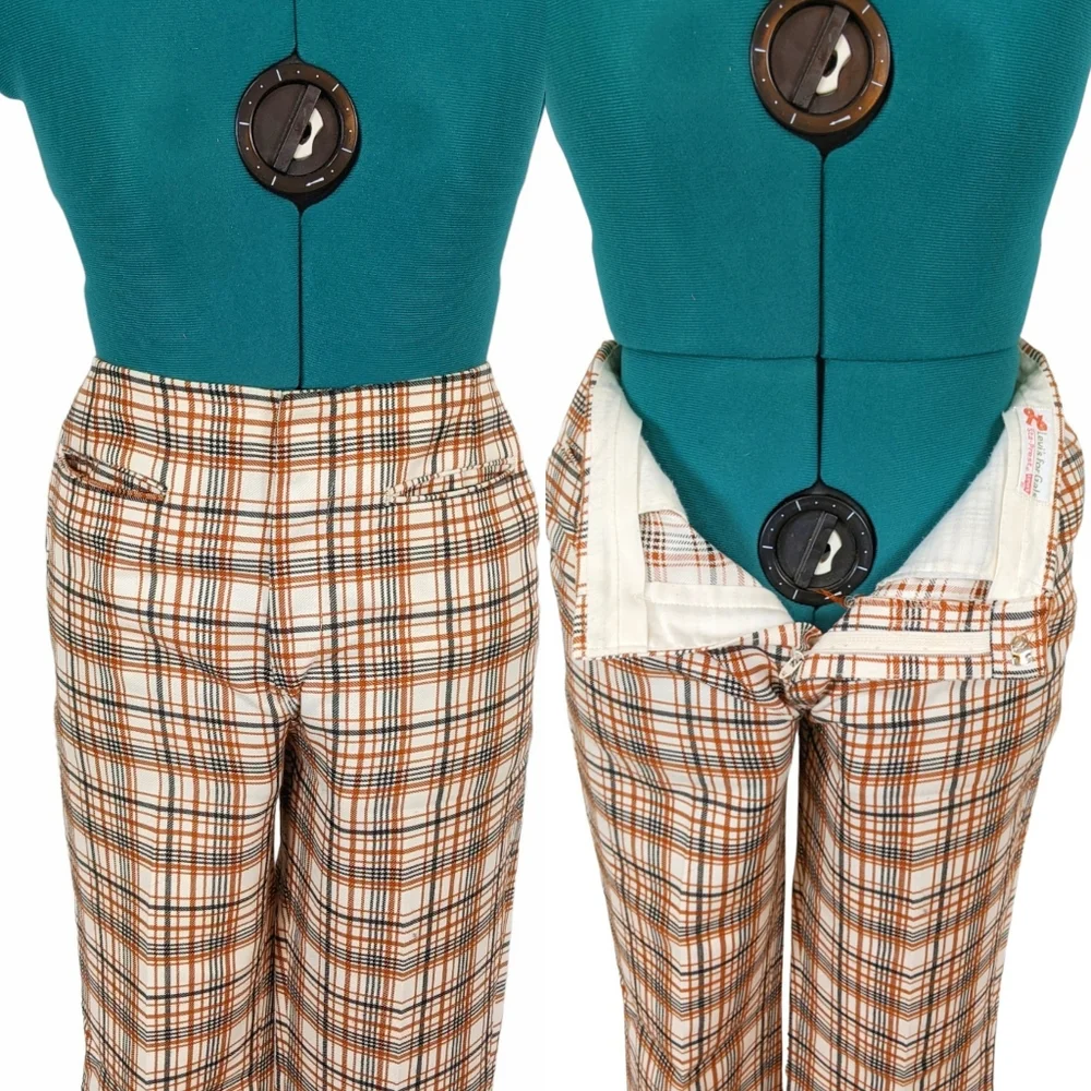 1960s Levi's for Gals Pants 1970s Bootcut Flare Trousers Plaid Brown Mid Rise - Picture 3 of 9